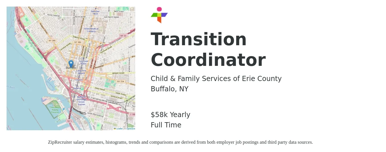 Child & Family Services of Erie County job posting for a Transition Coordinator in Buffalo, NY with a salary of $58,500 Yearly with a map of Buffalo location.