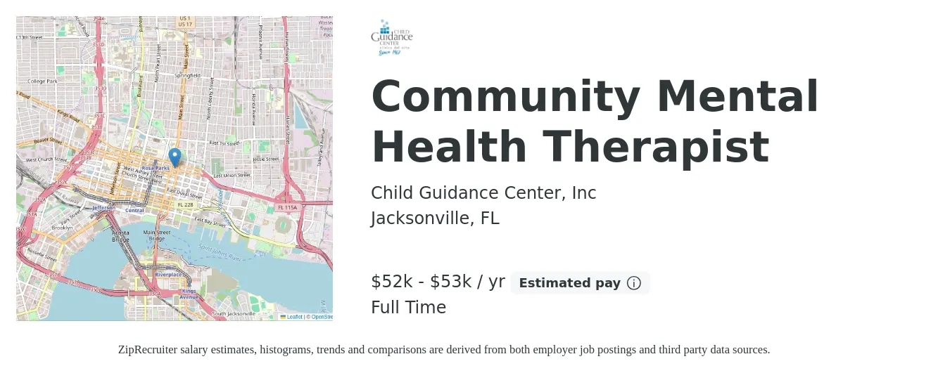 Child Guidance Center, Inc job posting for a Community Mental Health Therapist in Jacksonville, FL with a salary of $52,000 to $53,000 Yearly with a map of Jacksonville location.