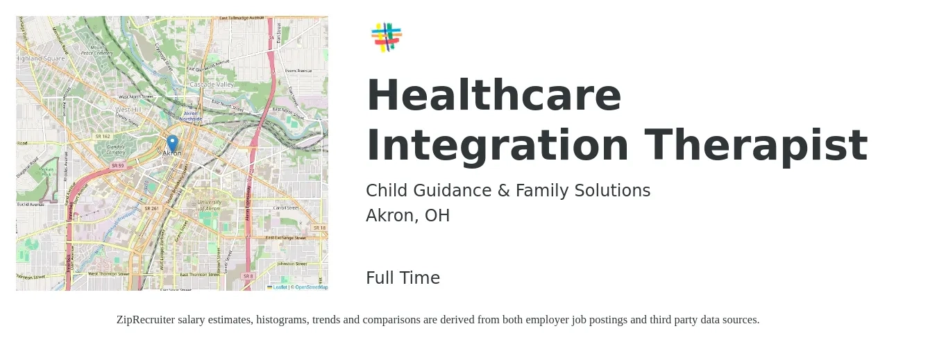 Child Guidance & Family Solutions job posting for a Healthcare Integration Therapist in Akron, OH with a salary of $57,400 to $81,300 Yearly with a map of Akron location.
