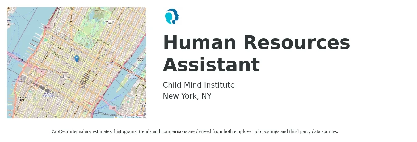 Child Mind Institute job posting for a Human Resources Assistant in New York, NY with a salary of $41,300 to $52,900 Yearly with a map of New York location.