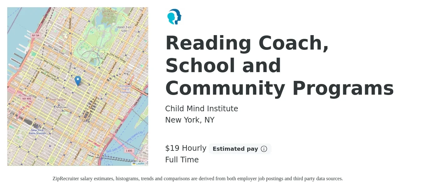 Child Mind Institute job posting for a Reading Coach, School and Community Programs in New York, NY with a salary of $20 Hourly with a map of New York location.