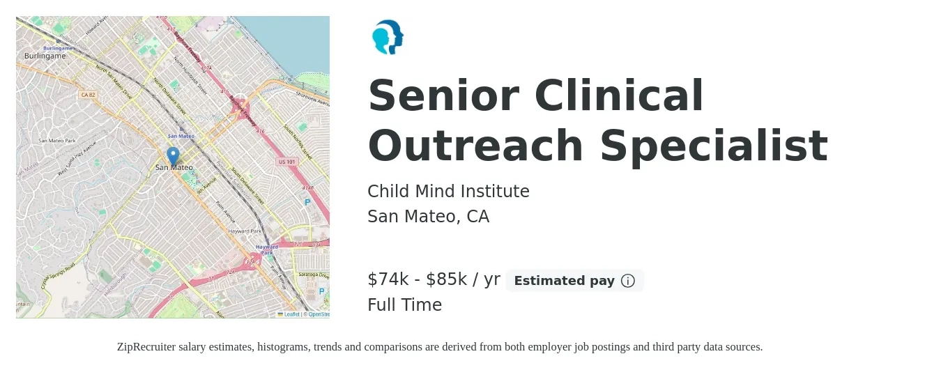 Child Mind Institute job posting for a Senior Clinical Outreach Specialist in San Mateo, CA with a salary of $74,500 to $85,000 Yearly with a map of San Mateo location.