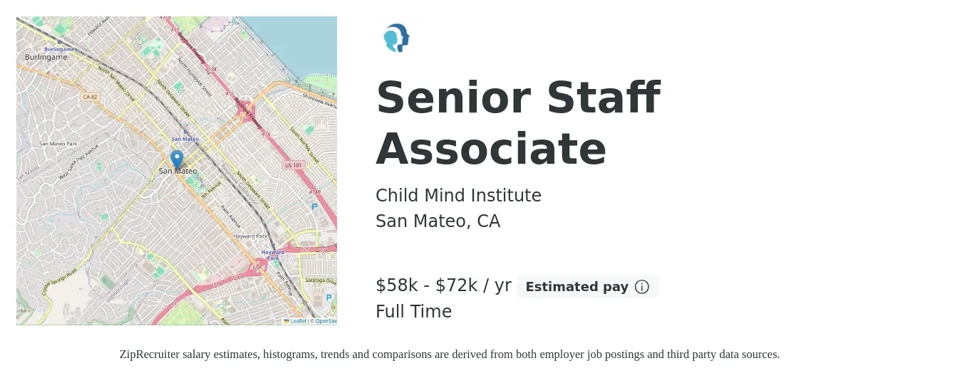 Child Mind Institute job posting for a Senior Staff Associate in San Mateo, CA with a salary of $58,000 to $72,000 Yearly with a map of San Mateo location.
