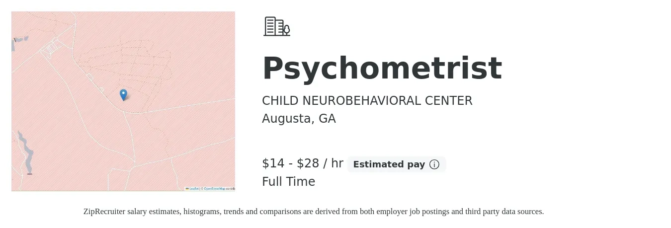 CHILD NEUROBEHAVIORAL CENTER job posting for a Psychometrist in Augusta, GA with a salary of $15 to $30 Hourly with a map of Augusta location.