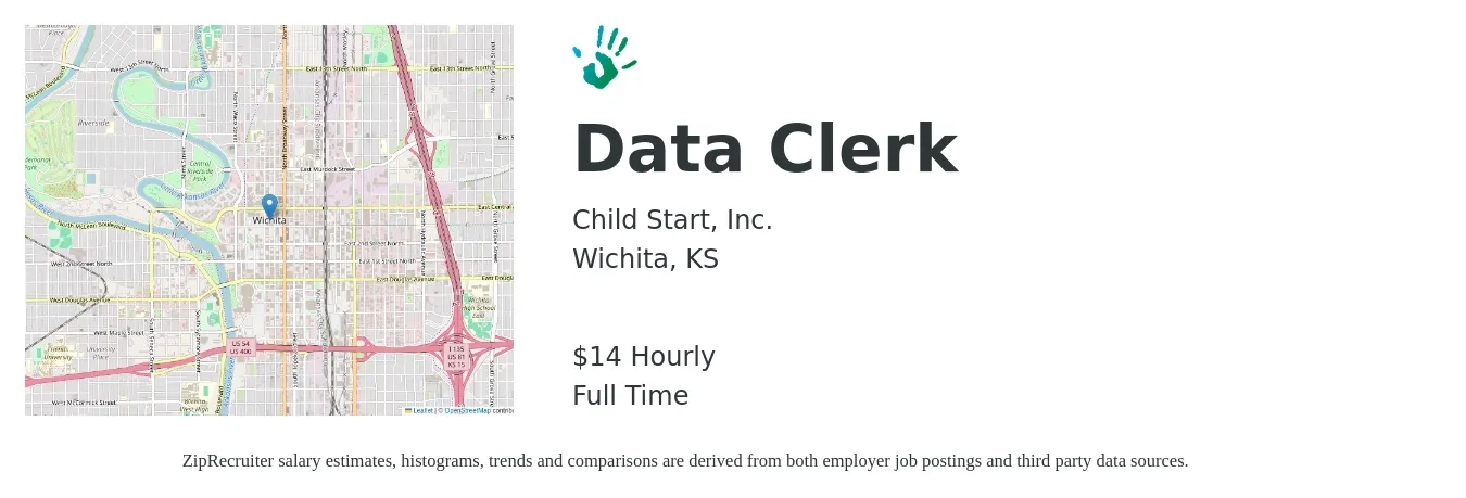 Child Start, Inc. job posting for a Data Clerk in Wichita, KS with a salary of $15 Hourly with a map of Wichita location.