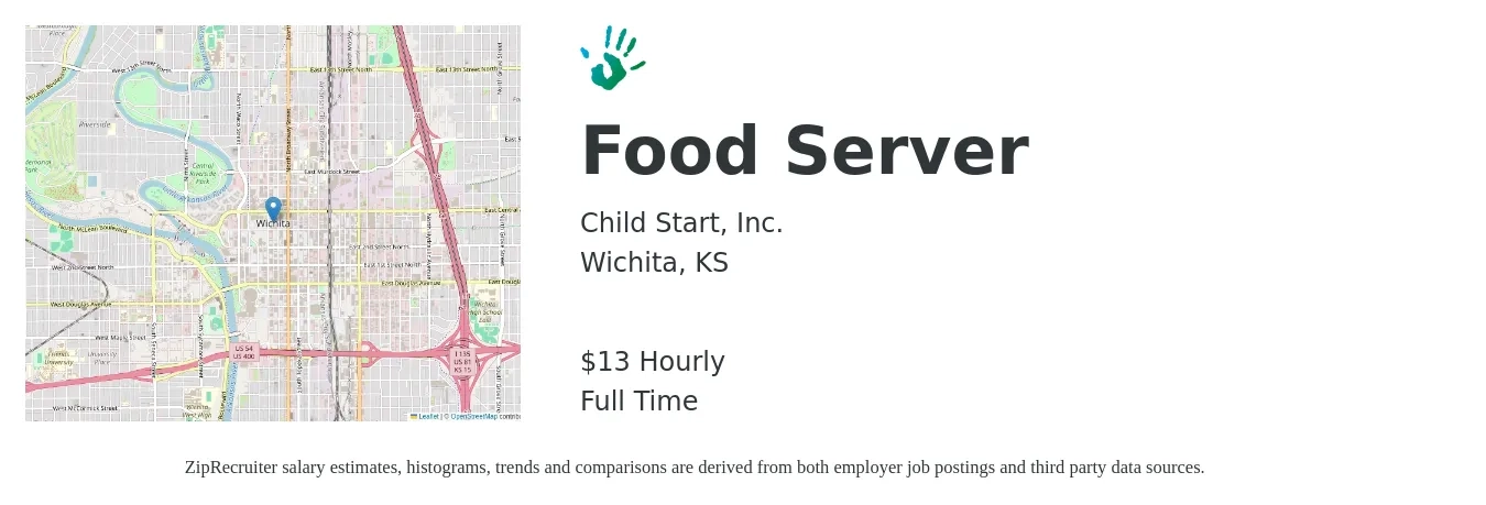 Child Start, Inc. job posting for a Food Server in Wichita, KS with a salary of $14 Hourly with a map of Wichita location.
