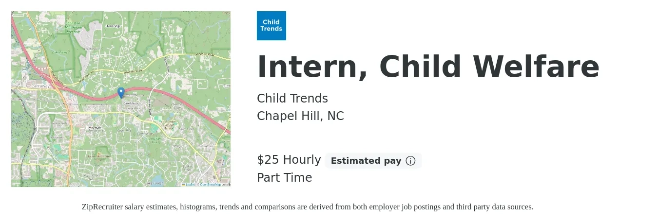 Child Trends job posting for a Intern, Child Welfare in Chapel Hill, NC with a salary of $27 Hourly with a map of Chapel Hill location.