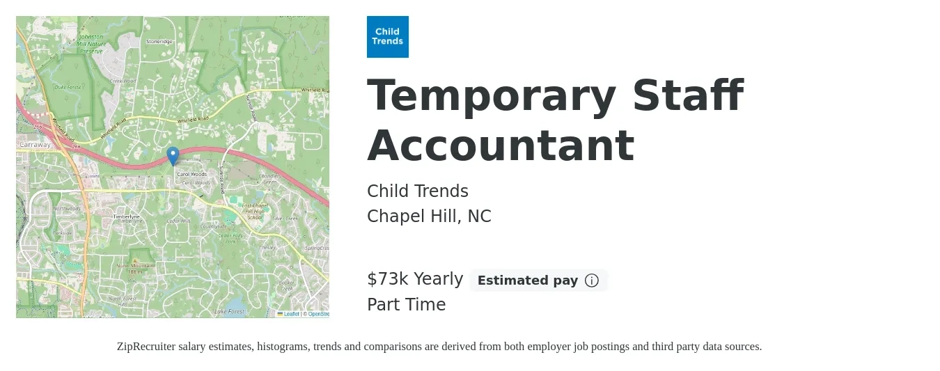 Child Trends job posting for a Temporary Staff Accountant in Chapel Hill, NC with a salary of $73,000 Yearly with a map of Chapel Hill location.
