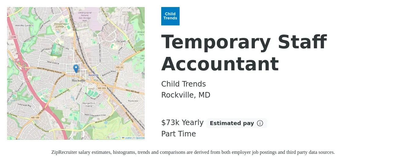 Child Trends job posting for a Temporary Staff Accountant in Rockville, MD with a salary of $73,000 Yearly with a map of Rockville location.
