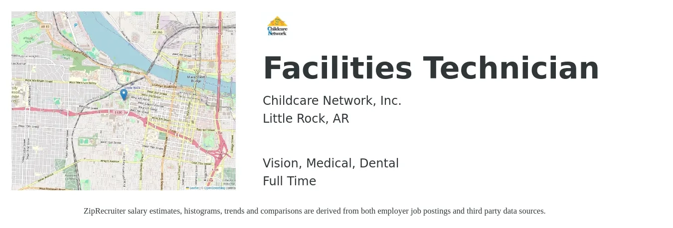 Childcare Network job posting for a Facilities Technician in Little Rock, AR with a salary of $19 to $26 Hourly and benefits including life_insurance, medical, retirement, vision, and dental with a map of Little Rock location.