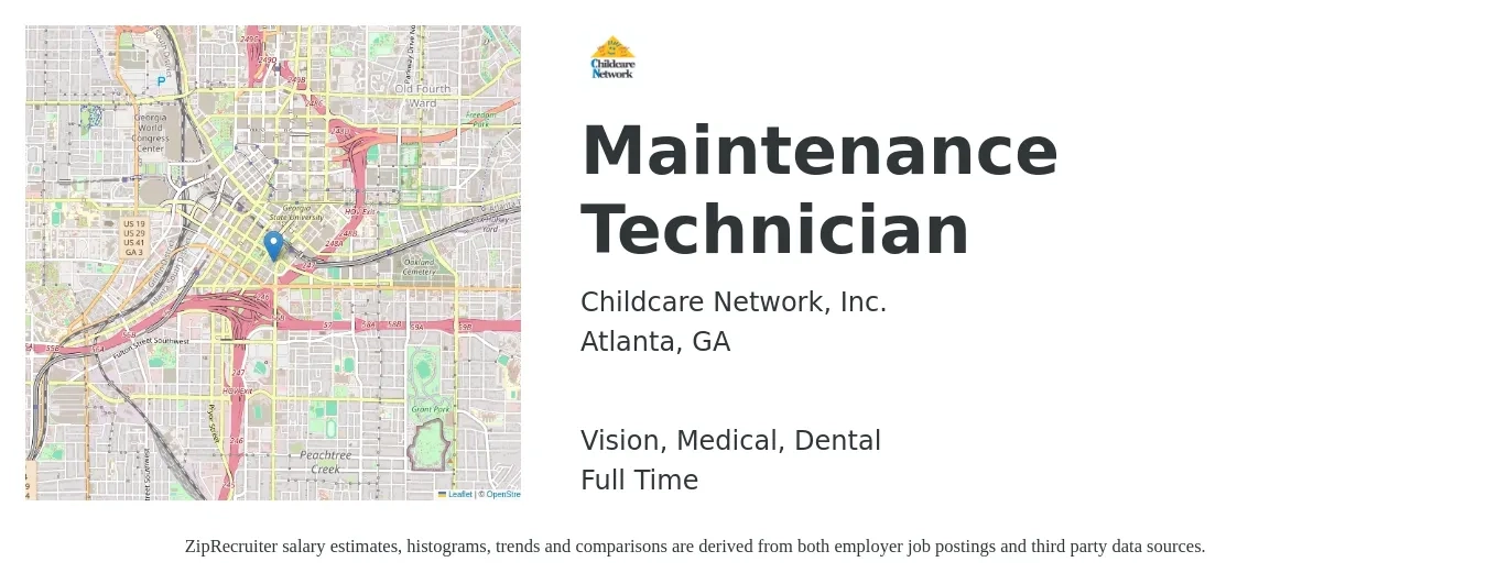 Childcare Network job posting for a Maintenance Technician in Atlanta, GA with a salary of $18 to $26 Hourly and benefits including dental, life_insurance, medical, retirement, and vision with a map of Atlanta location.