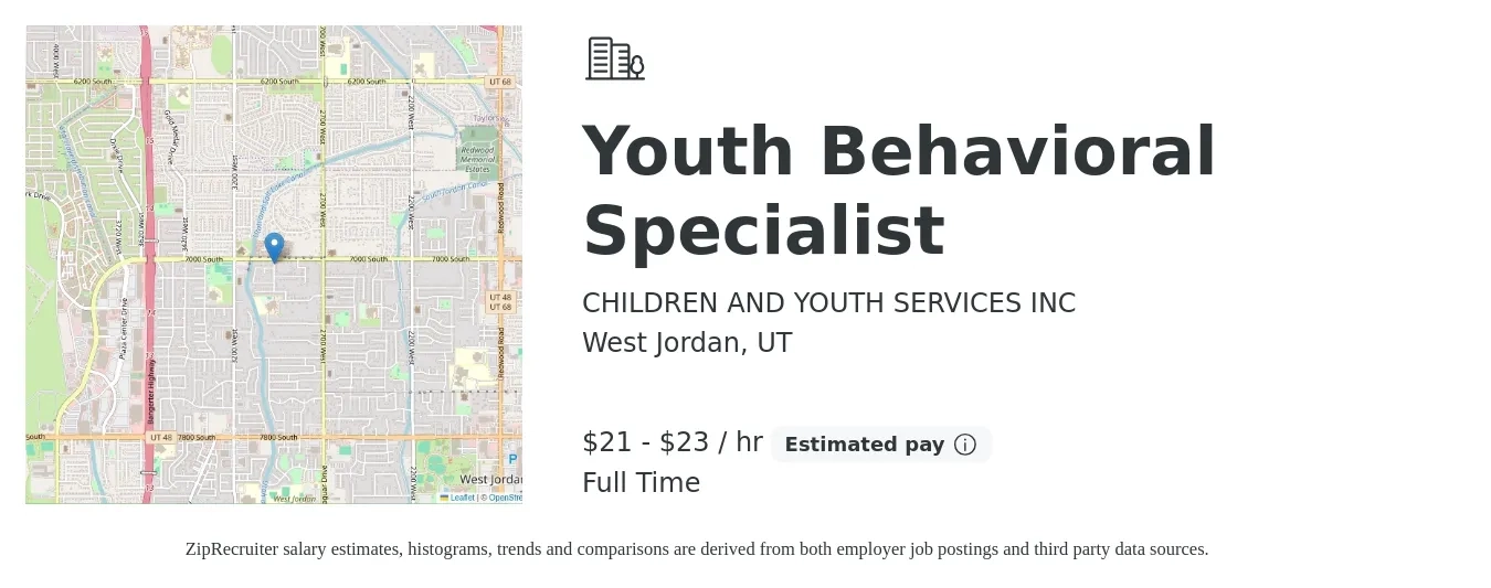 CHILDREN AND YOUTH SERVICES INC job posting for a Youth Behavioral Specialist in West Jordan, UT with a salary of $22 to $24 Hourly with a map of West Jordan location.