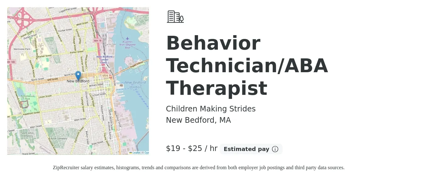 Children Making Strides job posting for a Behavior Technician/ABA Therapist in New Bedford, MA with a salary of $20 to $27 Hourly with a map of New Bedford location.