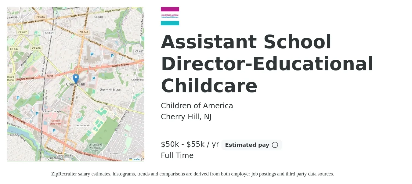 Children of America job posting for a Assistant School Director-Educational Childcare in Cherry Hill, NJ with a salary of $50,000 to $55,000 Yearly with a map of Cherry Hill location.