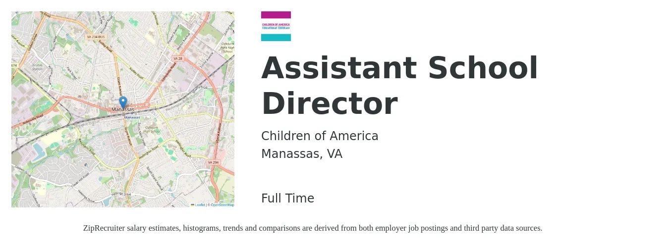 Children of America job posting for a Assistant School Director in Manassas, VA with a salary of $44,500 to $89,500 Yearly with a map of Manassas location.