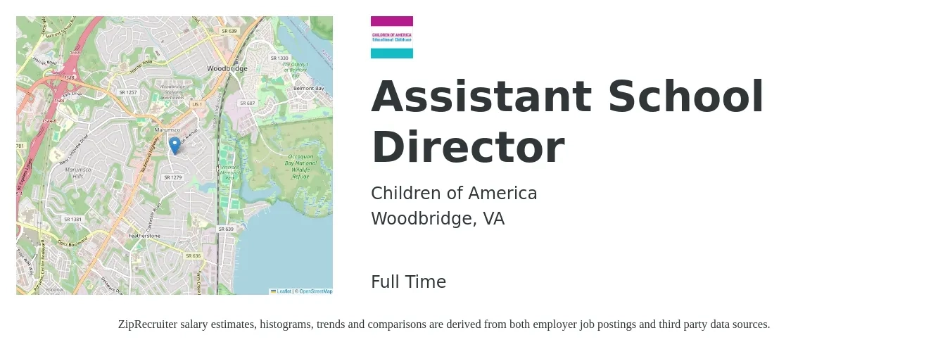 Children of America job posting for a Assistant School Director in Woodbridge, VA with a salary of $44,000 to $88,600 Yearly with a map of Woodbridge location.