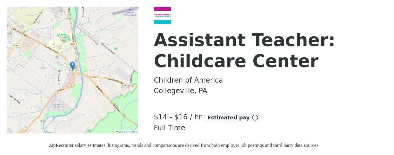 Children of America job posting for a Assistant Teacher: Childcare Center in Collegeville, PA with a salary of $15 to $17 Hourly with a map of Collegeville location.