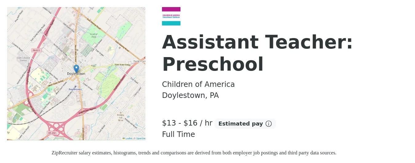 Children of America job posting for a Assistant Teacher: Preschool in Doylestown, PA with a salary of $14 to $17 Hourly with a map of Doylestown location.