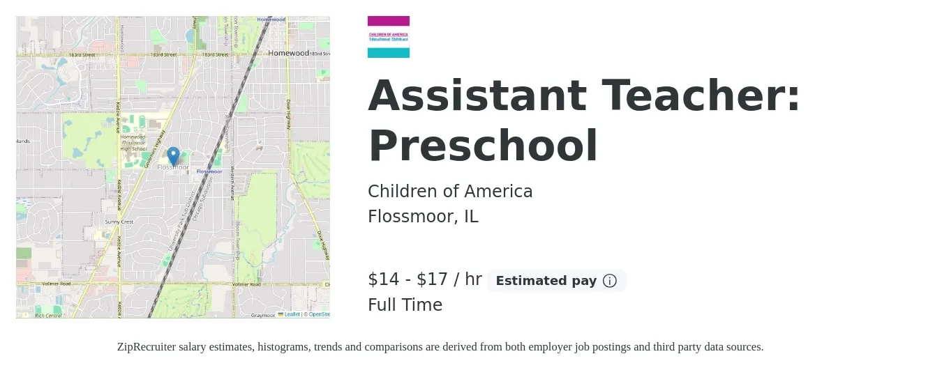 Children of America job posting for a Assistant Teacher: Preschool in Flossmoor, IL with a salary of $15 to $18 Hourly with a map of Flossmoor location.