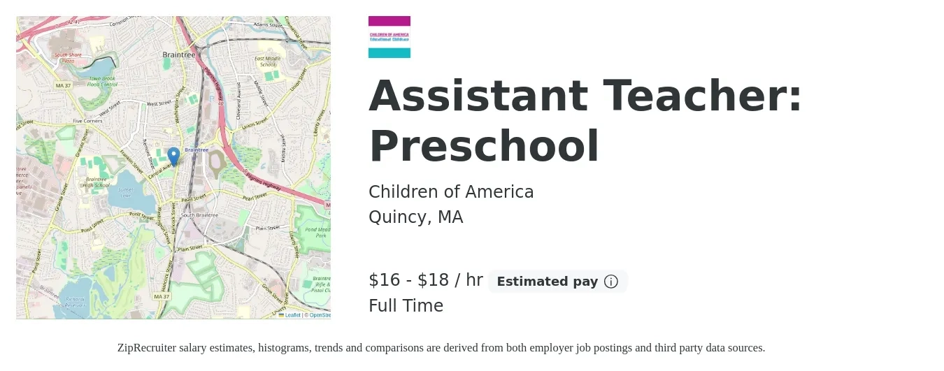 Children of America job posting for a Assistant Teacher: Preschool in Quincy, MA with a salary of $17 to $19 Hourly with a map of Quincy location.