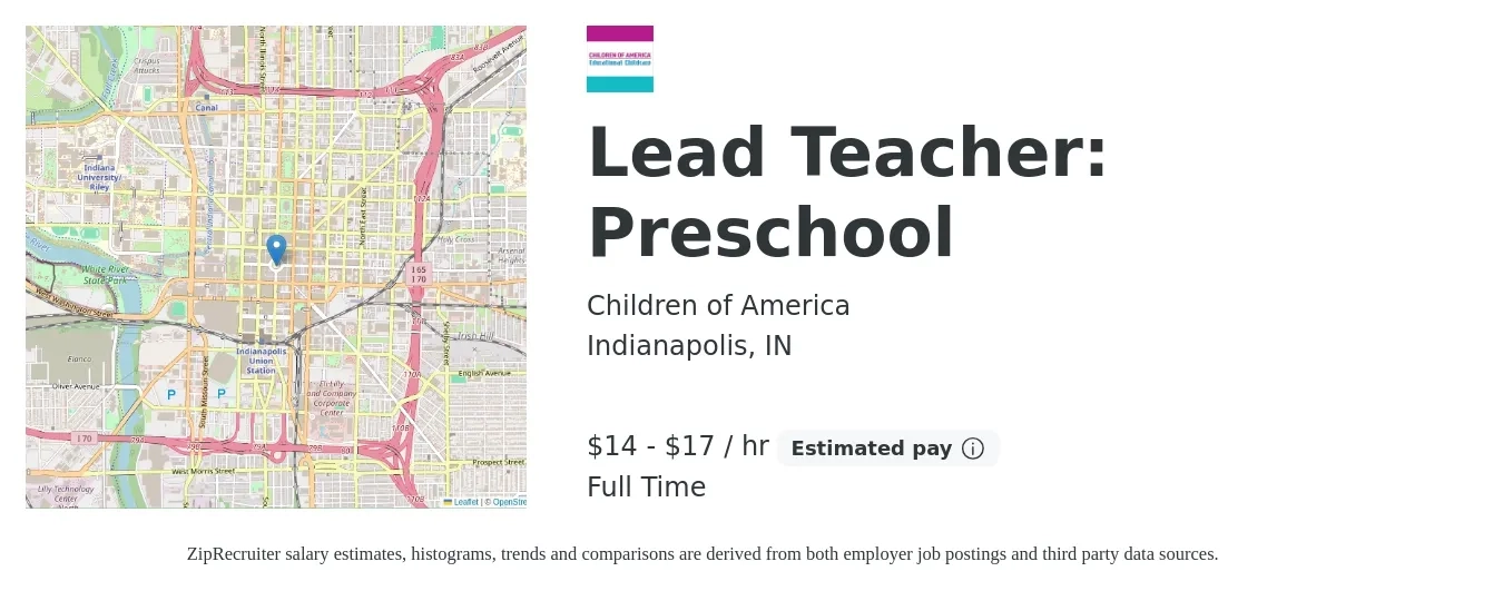 Children of America job posting for a Lead Teacher: Preschool in Indianapolis, IN with a salary of $15 to $18 Hourly with a map of Indianapolis location.