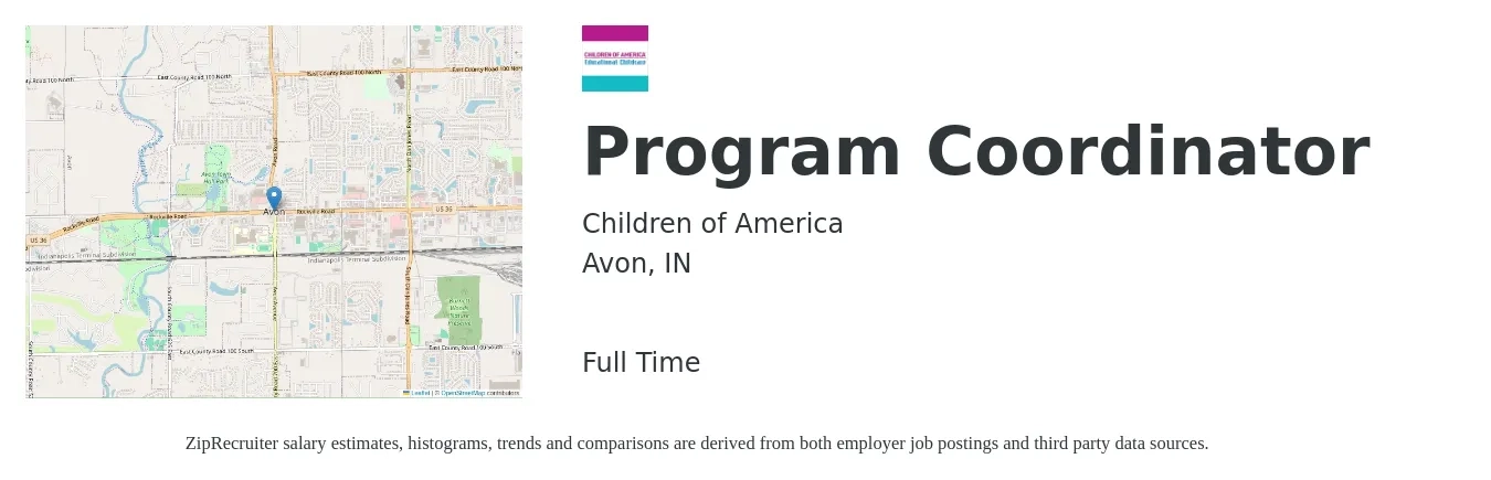 Children of America job posting for a Program Coordinator in Avon, IN with a salary of $40,300 to $59,500 Yearly with a map of Avon location.