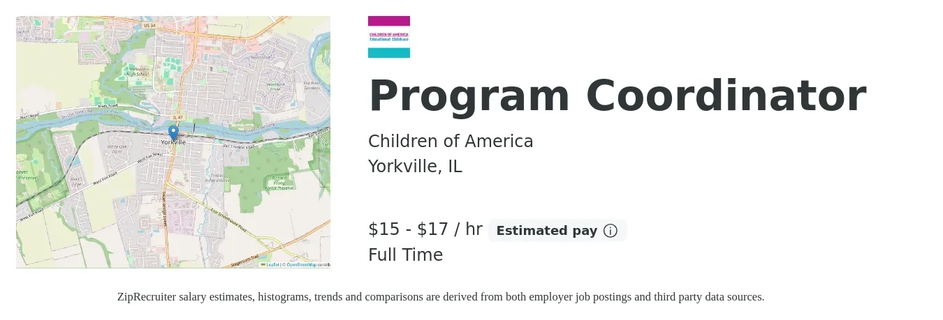 Children of America job posting for a Program Coordinator in Yorkville, IL with a salary of $16 to $18 Hourly with a map of Yorkville location.