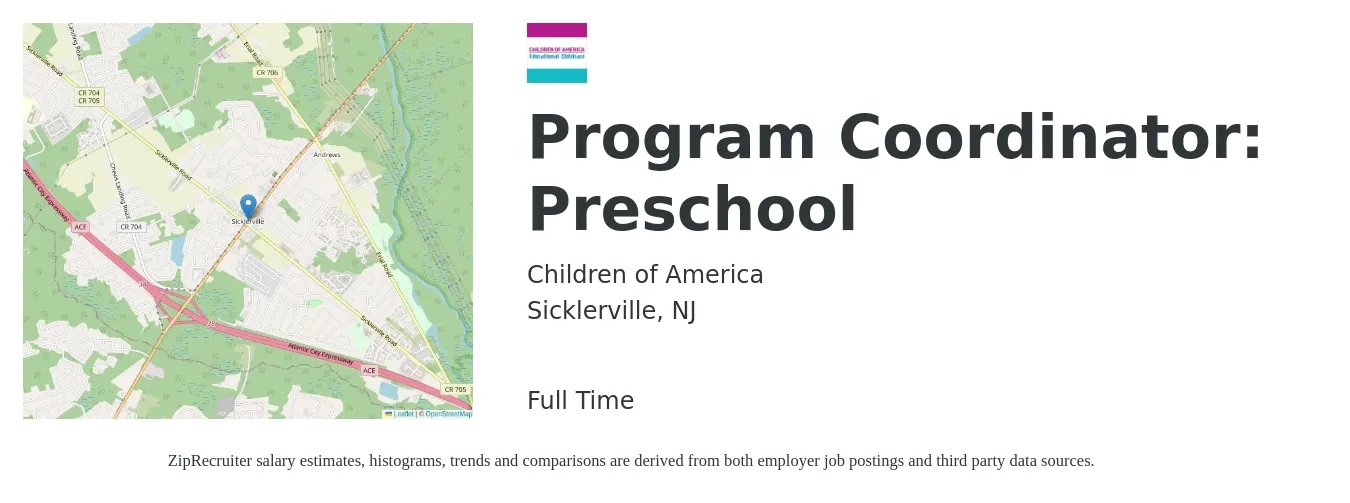 Children of America job posting for a Program Coordinator: Preschool in Sicklerville, NJ with a salary of $41,100 to $60,600 Yearly with a map of Sicklerville location.