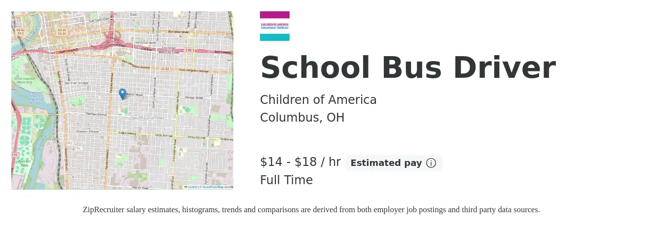 Children of America job posting for a School Bus Driver in Columbus, OH with a salary of $15 to $19 Hourly with a map of Columbus location.
