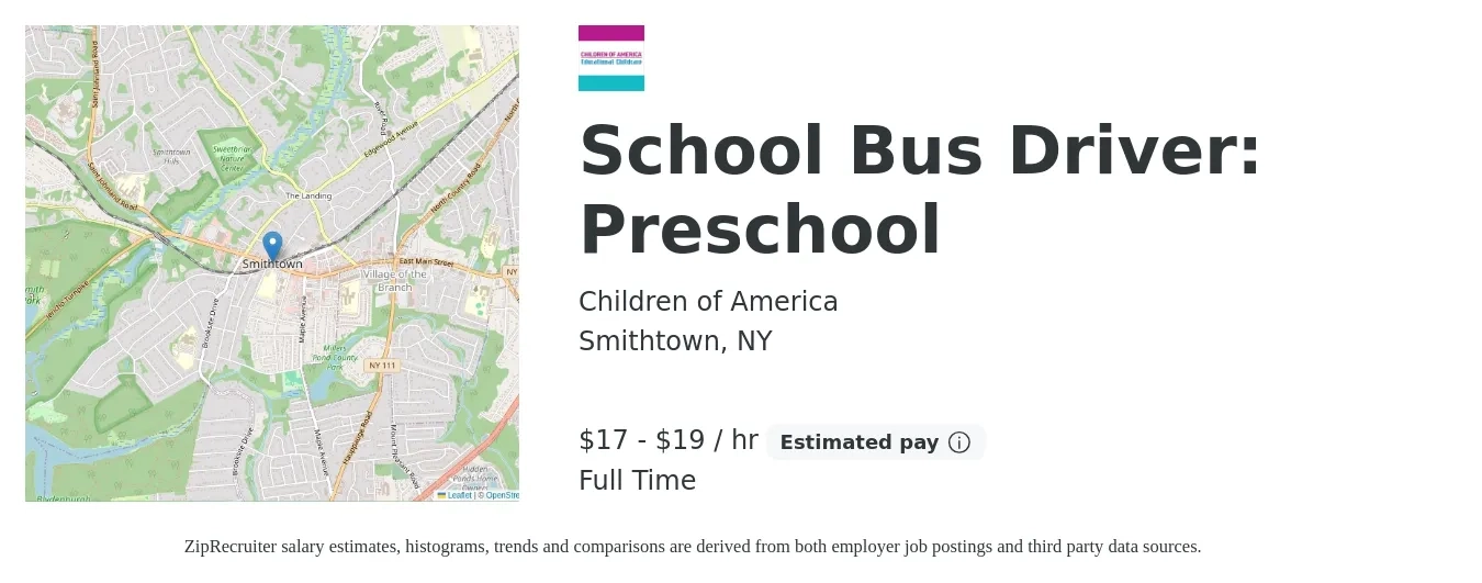 Children of America job posting for a School Bus Driver: Preschool in Smithtown, NY with a salary of $18 to $20 Hourly with a map of Smithtown location.