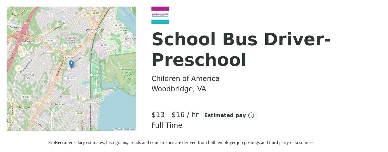 Children of America job posting for a School Bus Driver- Preschool in Woodbridge, VA with a salary of $14 to $17 Hourly with a map of Woodbridge location.