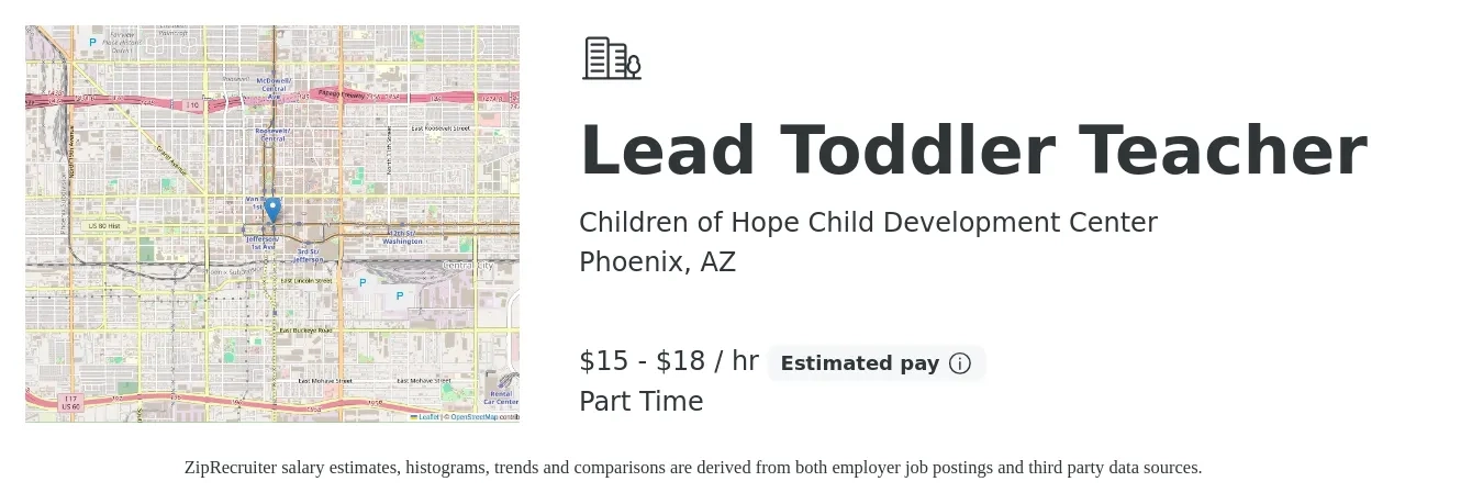 Children of Hope Child Development Center job posting for a Lead Toddler Teacher in Phoenix, AZ with a salary of $16 to $19 Hourly with a map of Phoenix location.