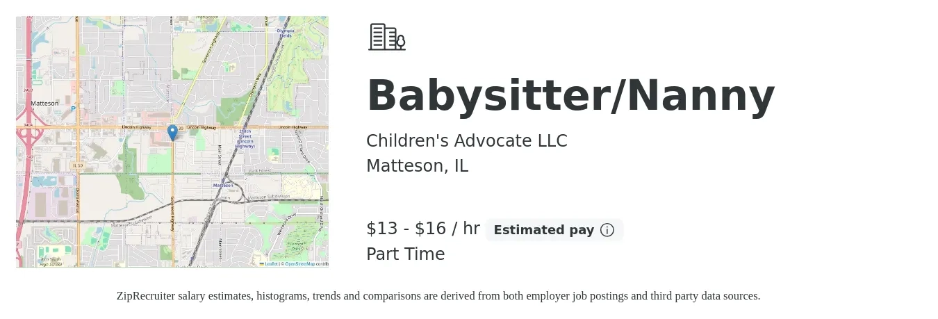 Children's Advocate LLC job posting for a Babysitter/Nanny in Matteson, IL with a salary of $14 to $17 Hourly with a map of Matteson location.