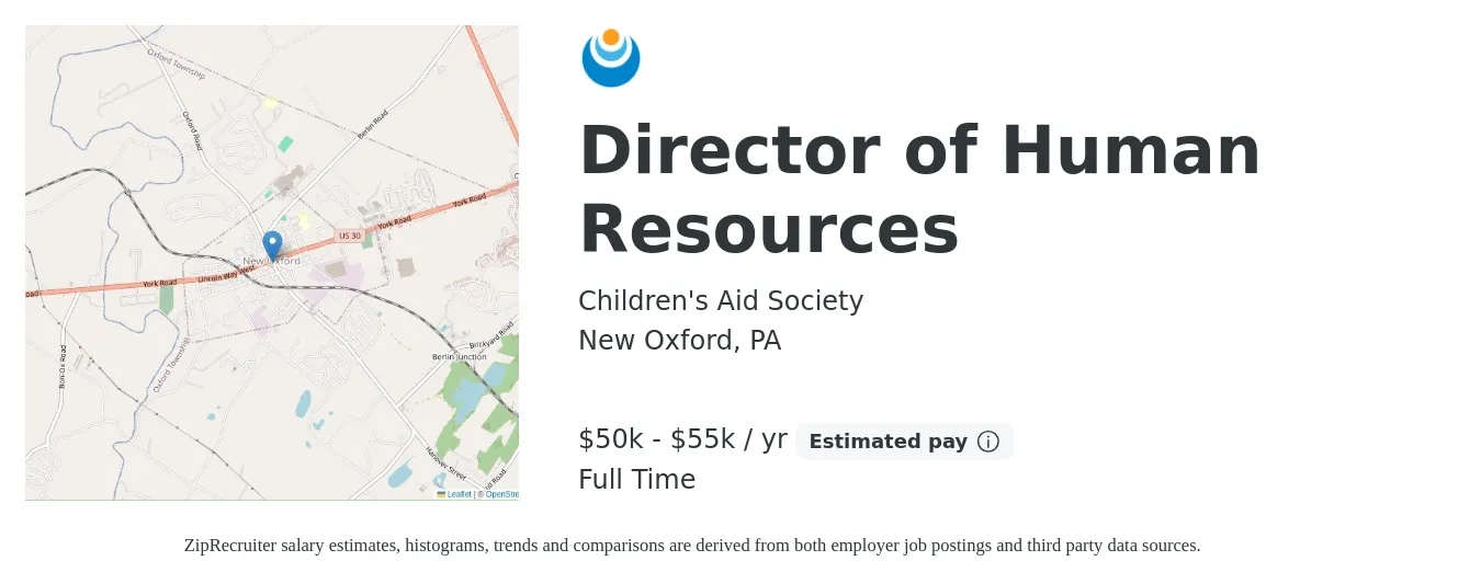 Children's Aid Society job posting for a Director of Human Resources in New Oxford, PA with a salary of $50,000 to $55,000 Yearly with a map of New Oxford location.