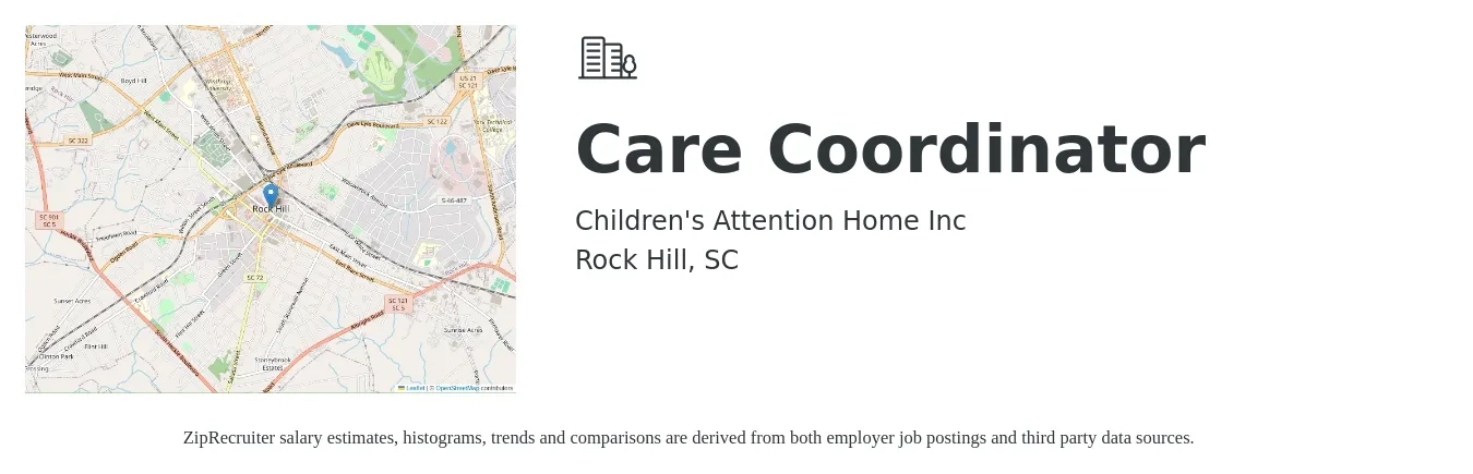 Children's Attention Home Inc job posting for a Care Coordinator in Rock Hill, SC with a salary of $38,480 Yearly with a map of Rock Hill location.