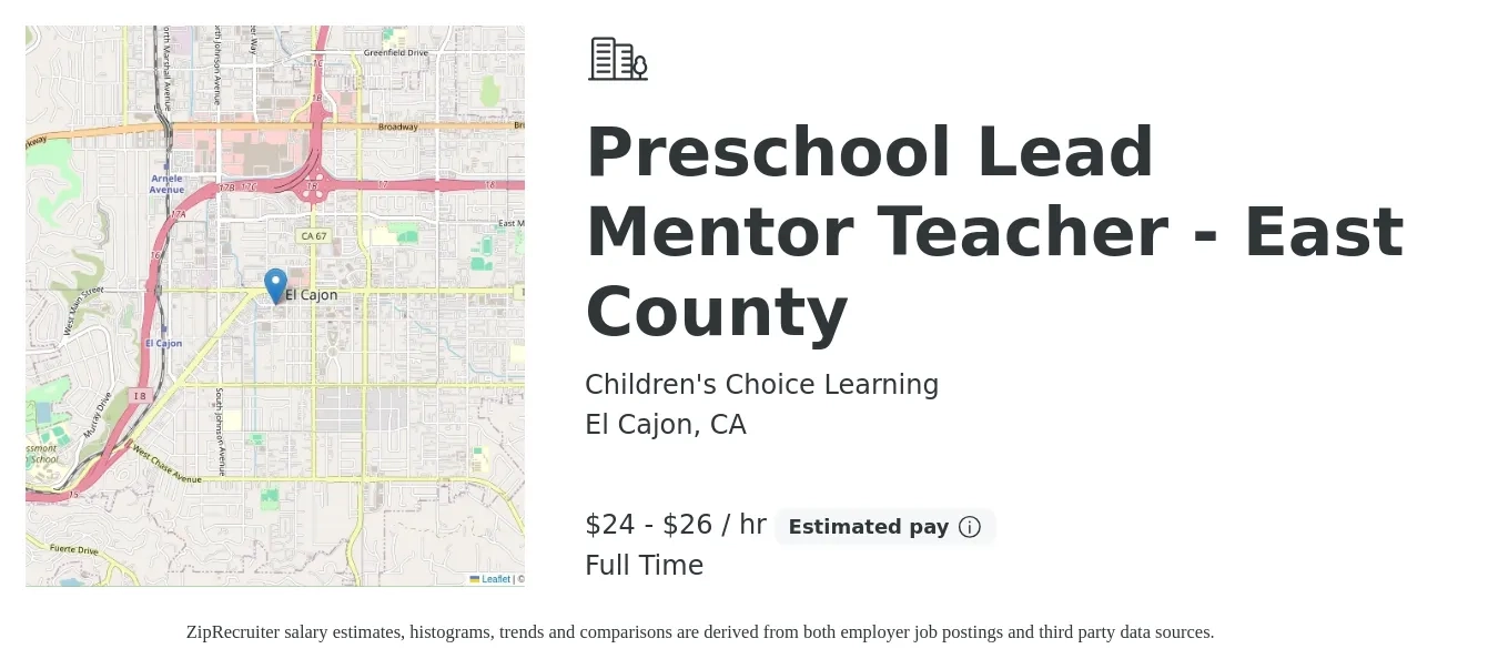 Children's Choice Learning job posting for a Preschool Lead Mentor Teacher - East County in El Cajon, CA with a salary of $25 to $28 Hourly with a map of El Cajon location.