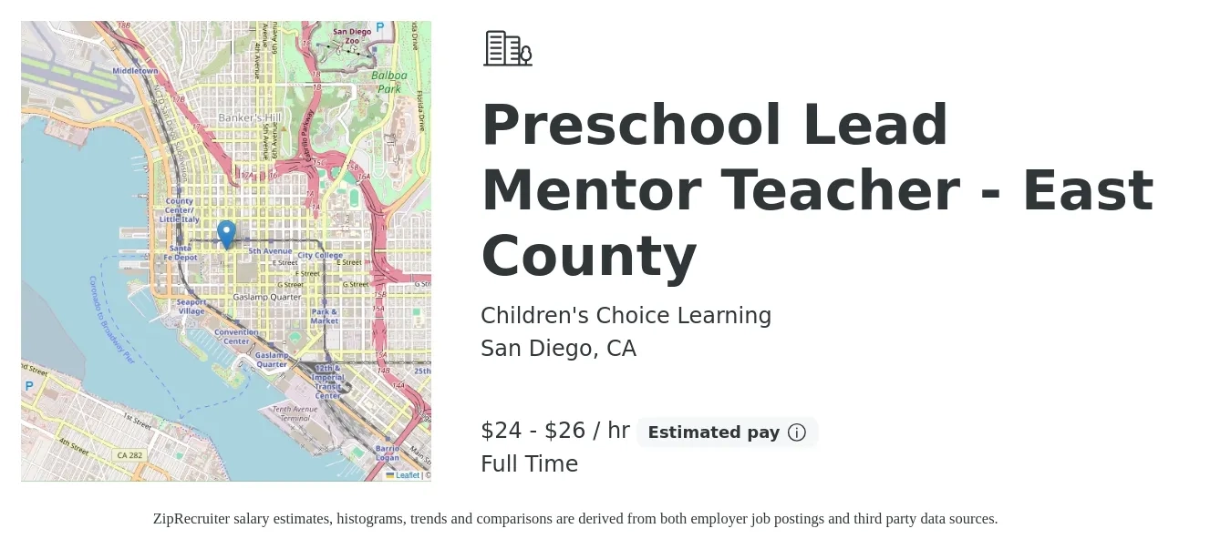 Children's Choice Learning job posting for a Preschool Lead Mentor Teacher - East County in San Diego, CA with a salary of $25 to $28 Hourly with a map of San Diego location.