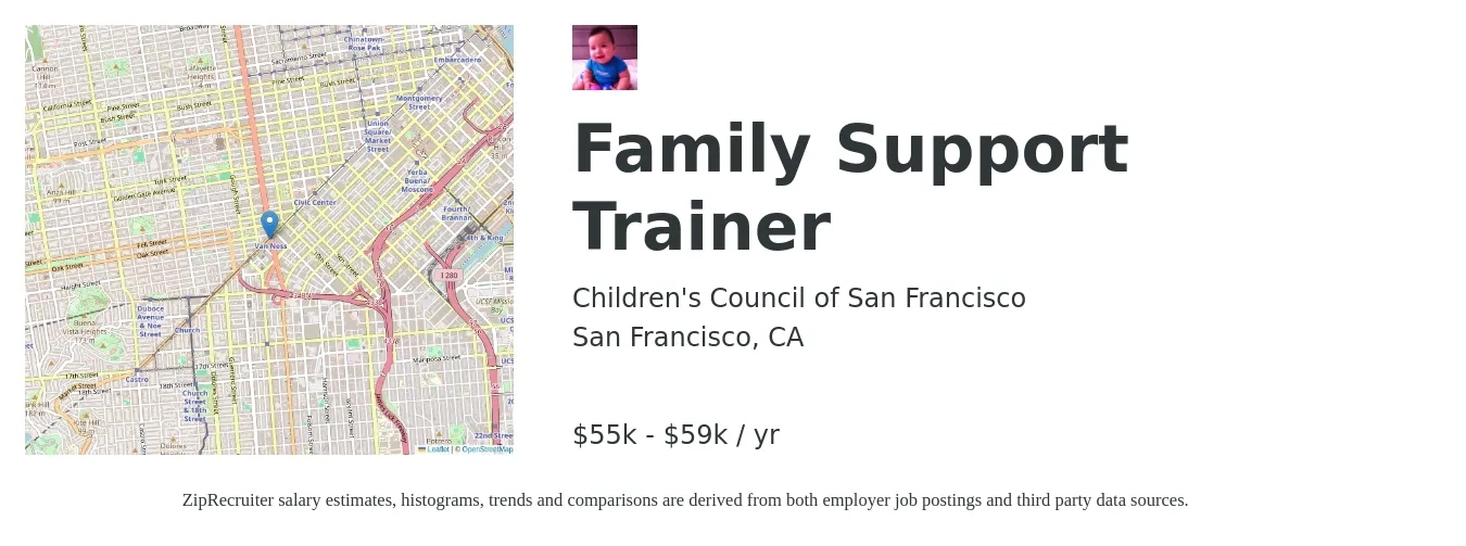 Children's Council of San Francisco job posting for a Family Support Trainer in San Francisco, CA with a salary of $55,940 to $59,347 Yearly with a map of San Francisco location.