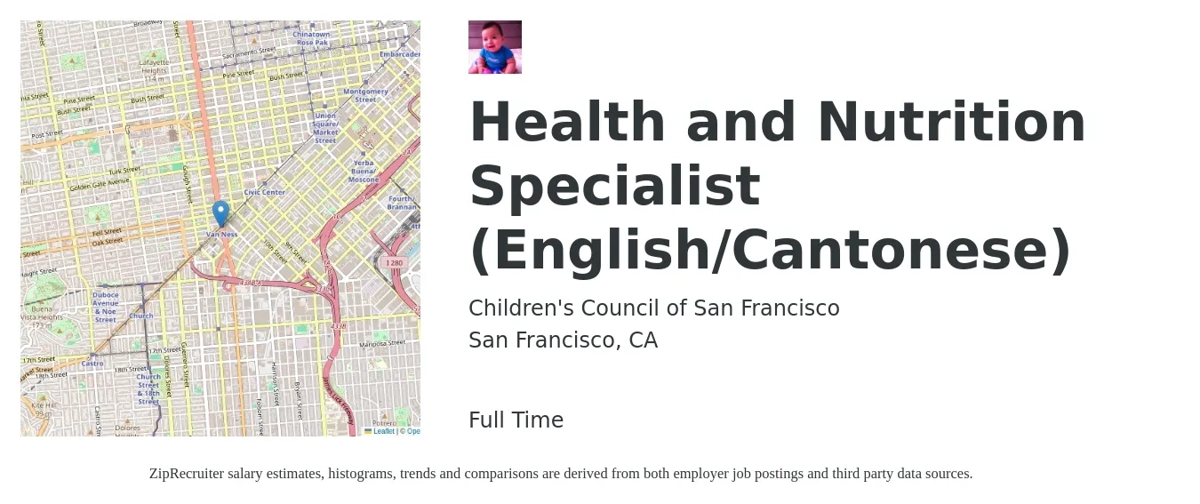 Children's Council of San Francisco job posting for a Health and Nutrition Specialist (English/Cantonese) in San Francisco, CA with a salary of $50,490 to $53,565 Yearly with a map of San Francisco location.