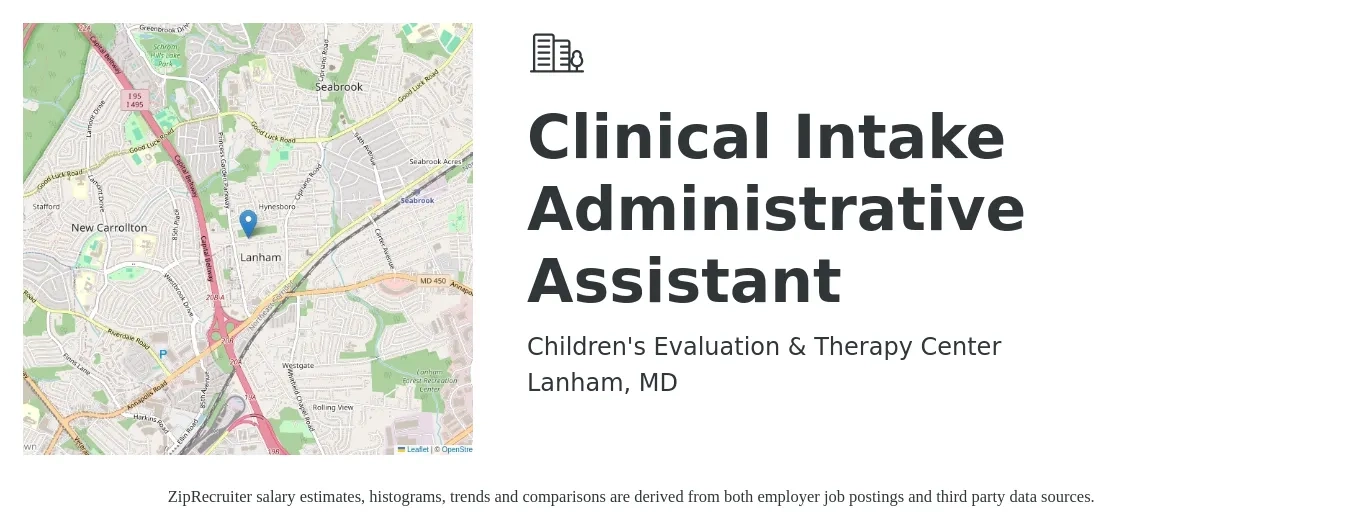 Children's Evaluation & Therapy Center job posting for a Clinical Intake Administrative Assistant in Lanham, MD with a salary of $18 to $24 Hourly with a map of Lanham location.