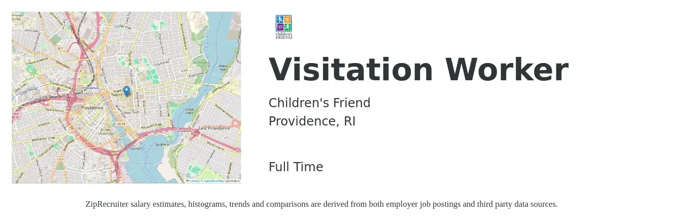 Children's Friend job posting for a Visitation Worker in Providence, RI with a salary of $17 to $22 Hourly with a map of Providence location.