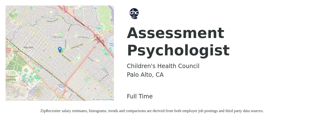 Children's Health Council job posting for a Assessment Psychologist in Palo Alto, CA with a salary of $120,000 to $150,000 Yearly with a map of Palo Alto location.