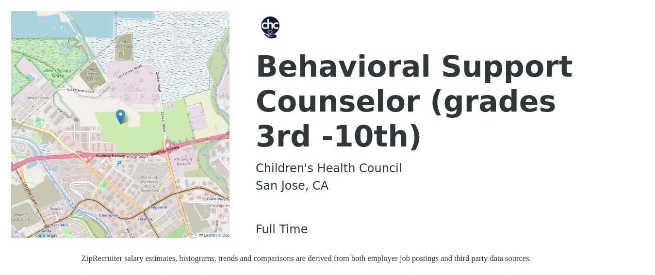 Children's Health Council job posting for a Behavioral Support Counselor (grades 3rd -10th) in San Jose, CA with a salary of $55,000 to $77,800 Yearly with a map of San Jose location.