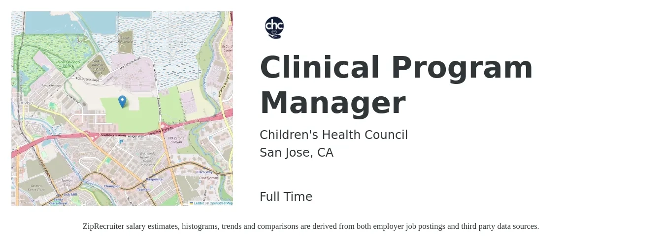 Children's Health Council job posting for a Clinical Program Manager in San Jose, CA with a salary of $84,800 to $122,900 Yearly with a map of San Jose location.