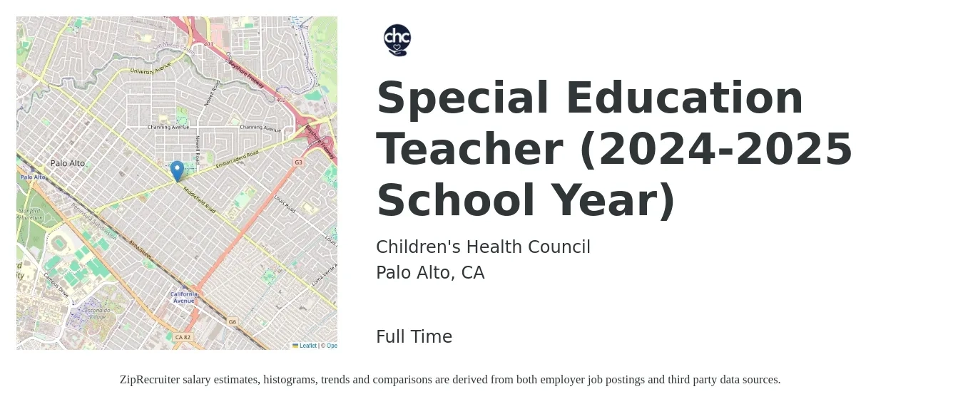 Children's Health Council job posting for a Special Education Teacher (2024-2025 School Year) in Palo Alto, CA with a salary of $57,400 to $75,800 Yearly with a map of Palo Alto location.