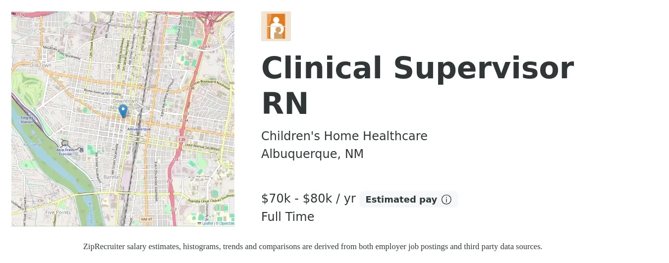 Children's Home Healthcare job posting for a Clinical Supervisor RN in Albuquerque, NM with a salary of $62,000 to $68,000 Yearly with a map of Albuquerque location.