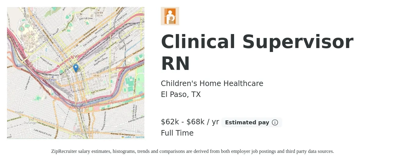 Children's Home Healthcare job posting for a Clinical Supervisor RN in El Paso, TX with a salary of $62,000 to $68,000 Yearly with a map of El Paso location.