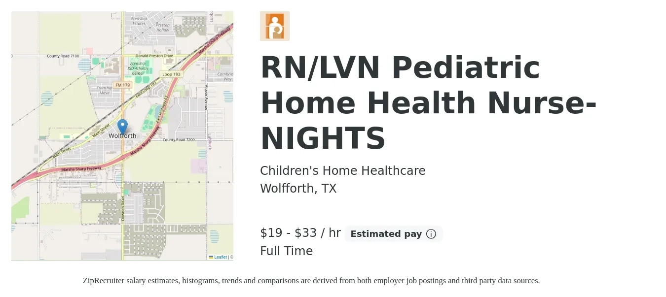 Children's Home Healthcare job posting for a RN/LVN Pediatric Home Health Nurse-NIGHTS in Wolfforth, TX with a salary of $20 to $35 Hourly with a map of Wolfforth location.