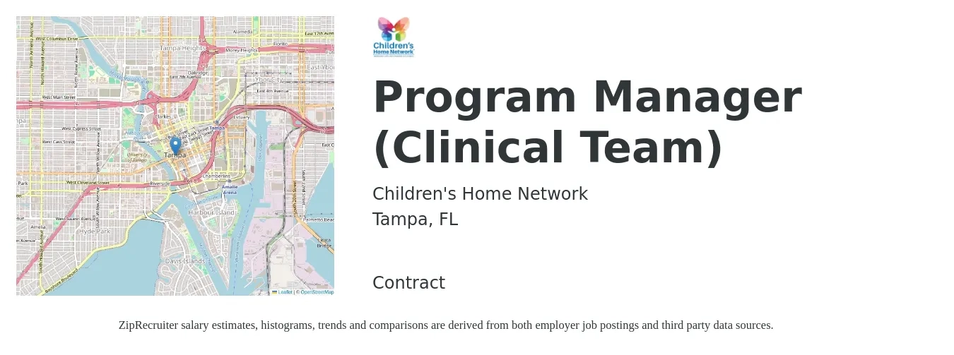 Children's Home Network job posting for a Program Manager (Clinical Team) in Tampa, FL with a salary of $68,500 to $99,200 Yearly with a map of Tampa location.