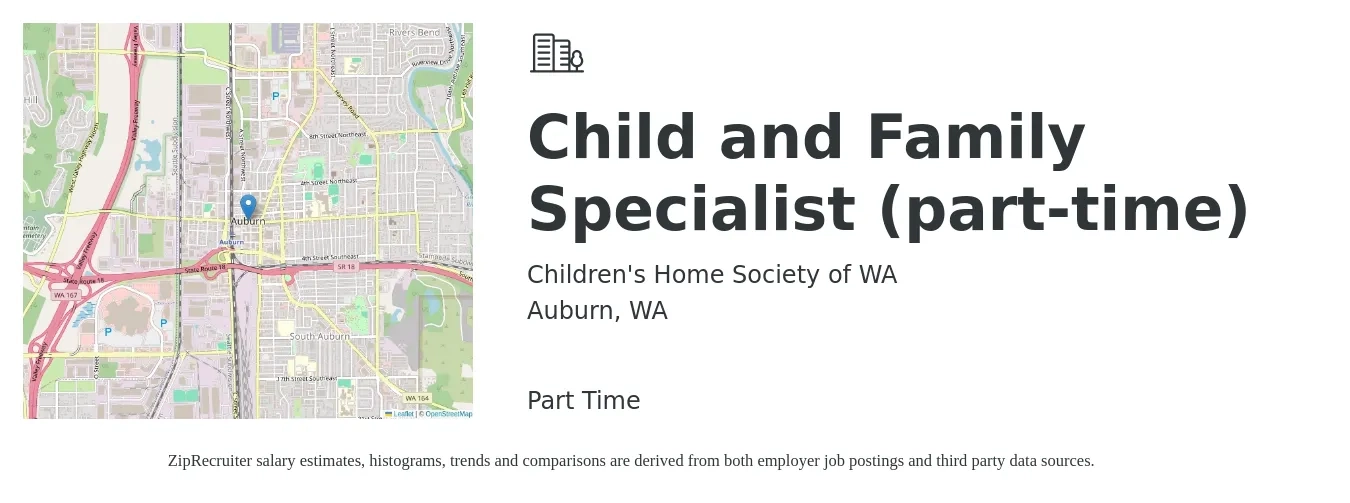 Children's Home Society of WA job posting for a Child and Family Specialist (part-time) in Auburn, WA with a salary of $24 to $36 Hourly with a map of Auburn location.